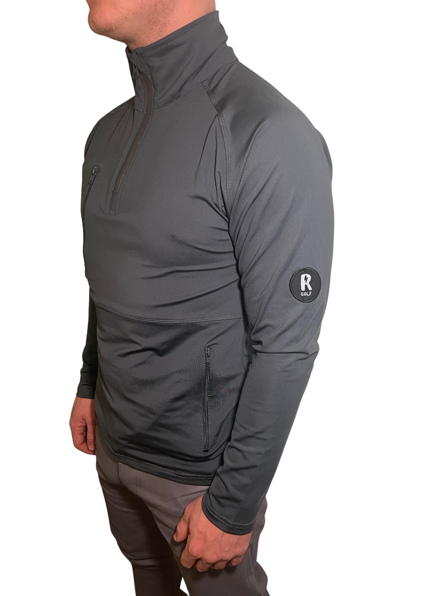 Quarter zip midlayer with Rgolf badge on sleeve